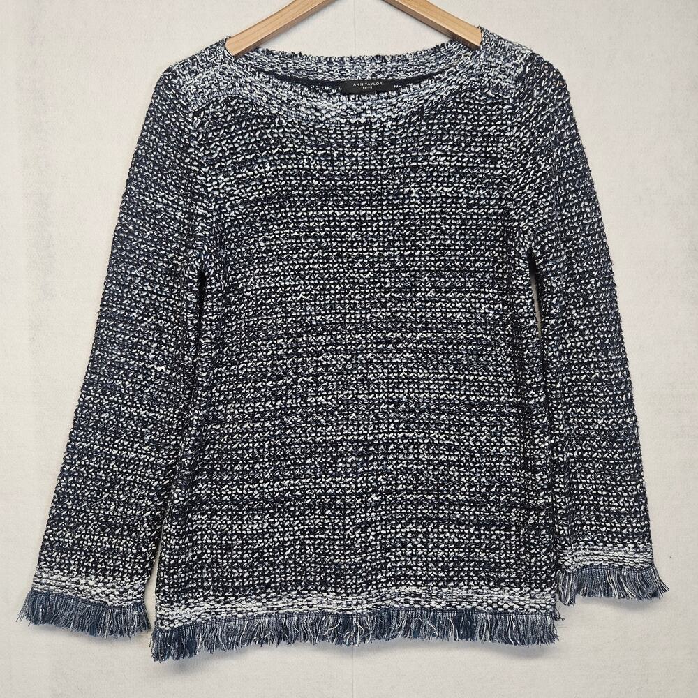 Ann Taylor Blue Black White Textured Fringe Hem Sweater Size SP Petite NWT